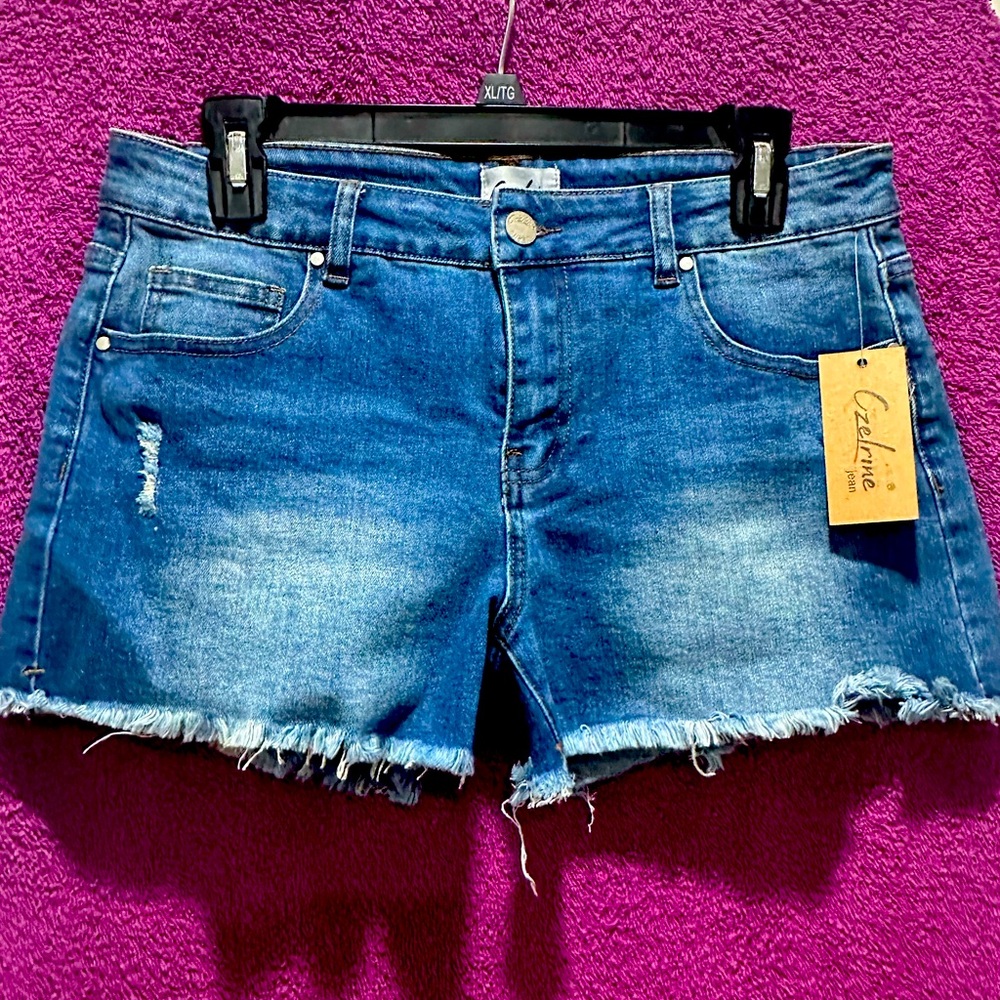 Blue Distressed Jean Shorts with Frayed Hem